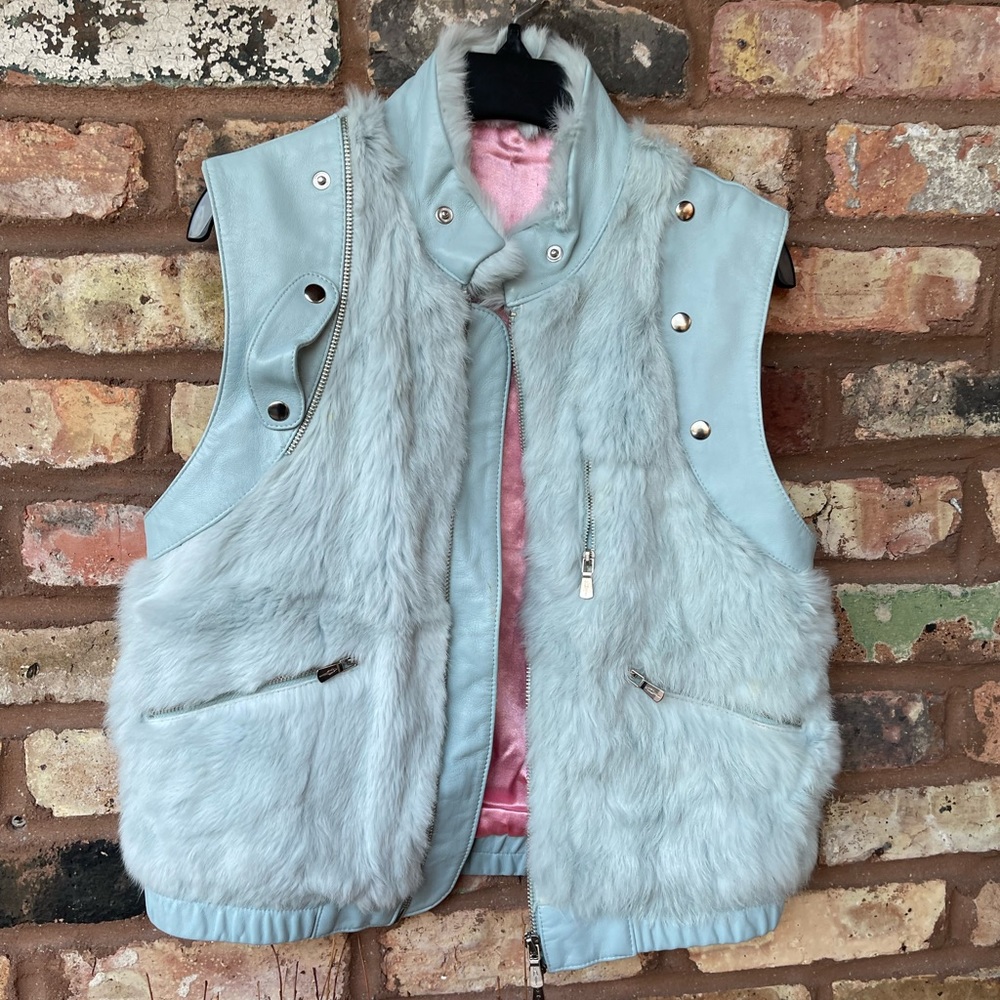 Sky blue leather fur dress knit back Sz S